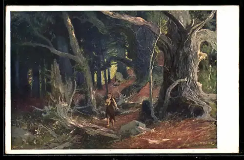 Künstler-AK Nibelungen, Siegfried geht durch den Wald