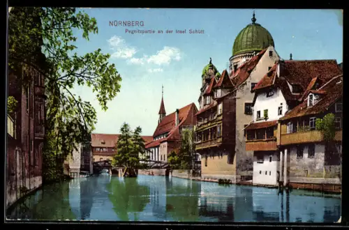 AK Nürnberg, Synagoge, Pegnitzpartie an der Insel Schütt