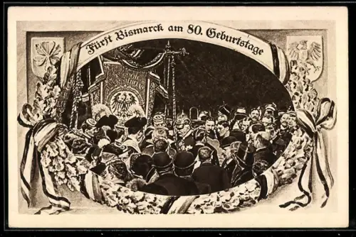 AK Fürst Bismarck am 80. Geburtstag, Eichenkranz und Wappen