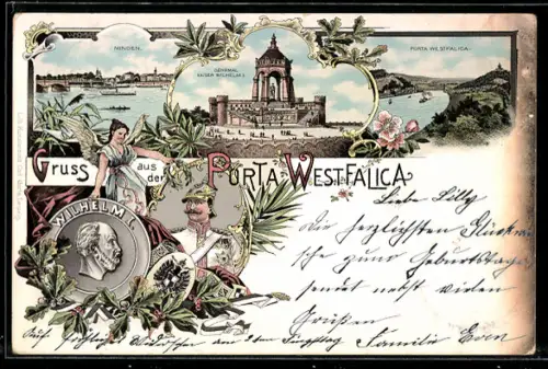 Lithographie Minden, Teilansicht, Denkmal Kaiser Wilhelm I., Porta Westfalica