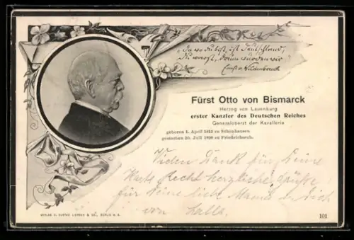 AK Porträt von Fürst Otto von Bismarck, 1815-1898