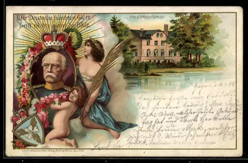 Lithographie Friedrichsruh, Zur Erinnerung, Portrait Fürst Otto v. Bismarck mit Wappen