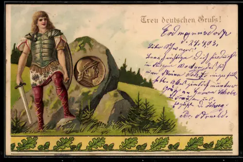 Künstler-AK Alfred Mailick: Germanenkrieger mit Schwert, Fürst von Bismarck Plakette auf dem Felsen