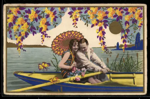 AK Paar in einem Ruderboot, Sonne, Schirm, Fotomontage