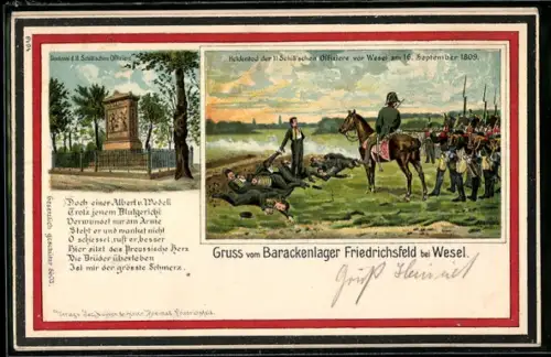 AK Friedrichsfeld bei Wesel, Barackenlager, Heldentod der 11 Schill`schen Offiziere vor Wesel 1809, Denkmal