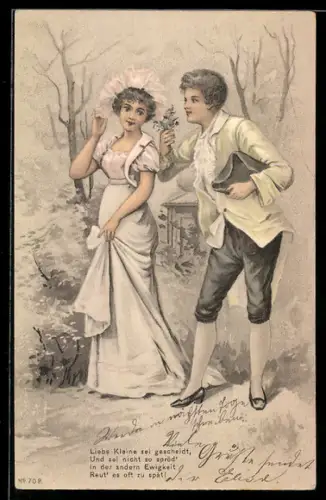 AK Jüngling schenkt Mädchen einen Blumenstrauss, Liebesvers