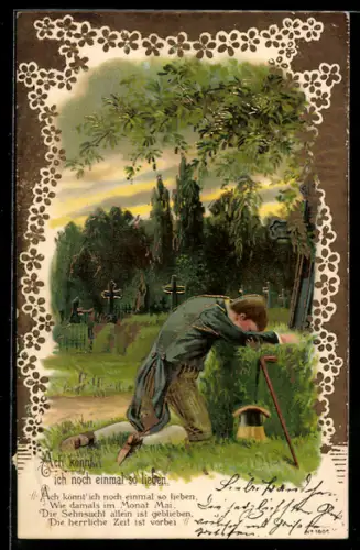 Lithographie Ach könnt ich noch einmal so lieben..., trauernder Mann am Elterngrab