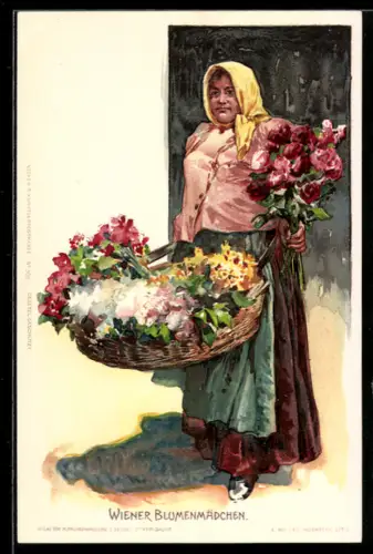 Lithographie Wiener Blumenmädchen