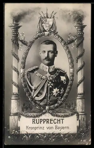 AK Kronprinz Rupprecht von Bayern in Uniform mit Orden, Fackel und Wappen