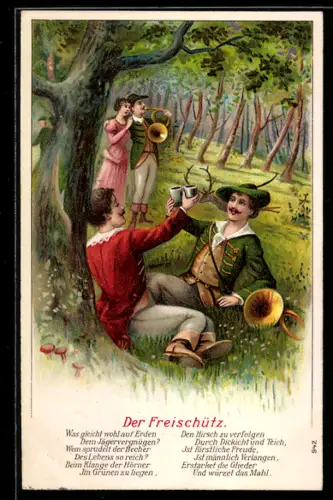 AK Der Freischütz, Jäger mit seiner Geliebten, trinkende Männer
