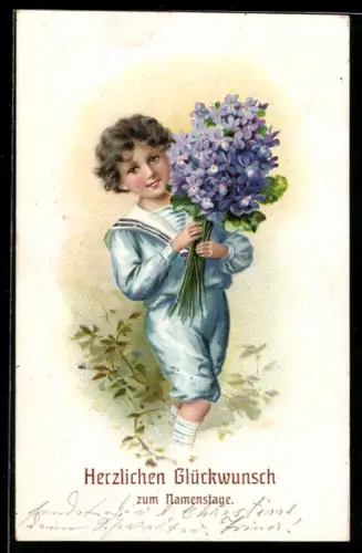 Lithographie Knabe im Matrosenanzug mit Blumenstrauss, Namenstag