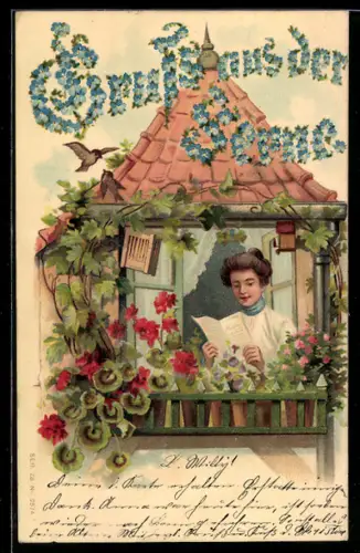 AK Gruss aus der Ferne, Frau am Fenster liest einen Brief, Jugendstil