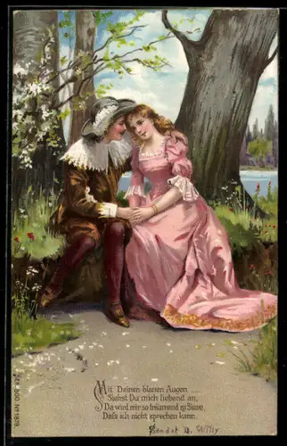 AK Behüt Dich Gott! Verliebtes Pärchen in vertrauter Pose am Seeufer