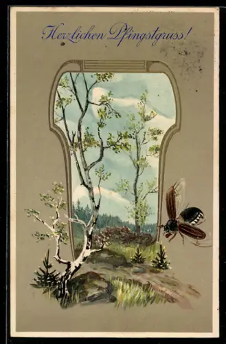 AK Fröhliche Pfingsten, Maikäfer zwischen Birken