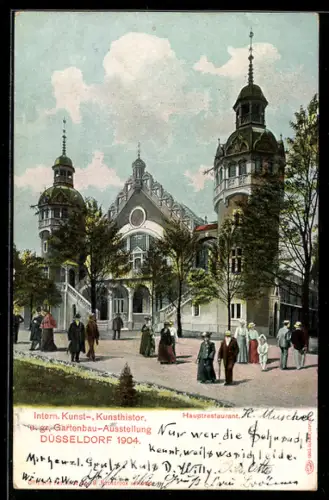 AK Düsseldorf, Intern. Kunst-, Kunsthistor. u. gr. Gartenbau-Ausstellung 1904, Besucher vor dem Hauptrestaurant