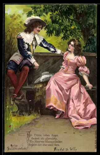 Lithographie An Deine lieben Augen gedenk ich allerwärts..., Liebespaar aus der Renaissance