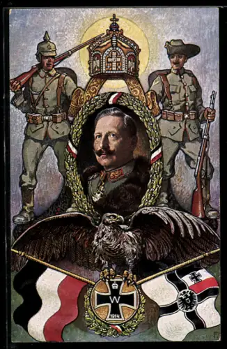 AK Dt. Kolonien, Kaiser Wilhelm II. Portrait, Motiv mit Soldaten und Reichsflaggen, eisernes Kreuz