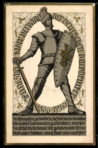 Lithographie 50jähriges Bestehen des Verbandes der Deutschen Buchdrucker - Ritter mit Schild und Schwert