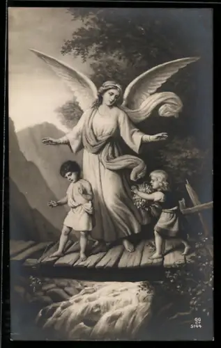 AK Schutzengel bewacht Kinder auf einer Brücke