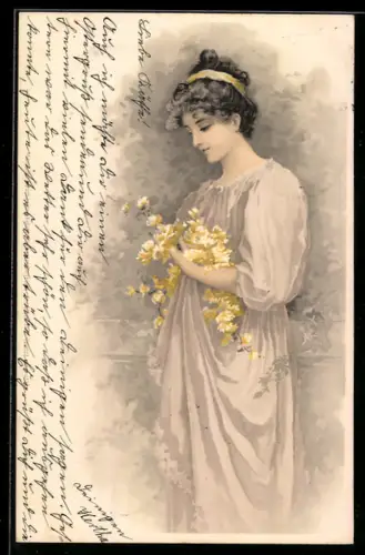 Künstler-AK Meissner & Buch (M&B) Nr.1081: Junge Dame sammeln Blumen