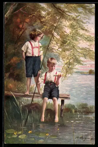 Künstler-AK Kinder angeln einen kleinen Fisch