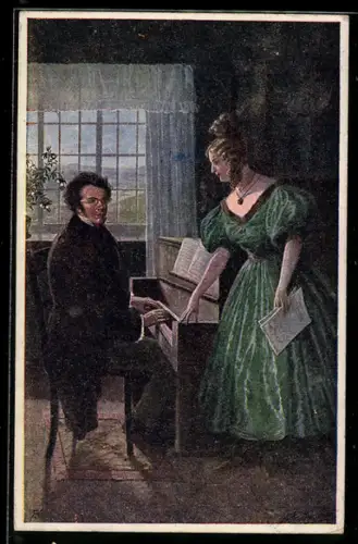 AK Franz Schubert an einem Klavier eine junge Frau begleitend