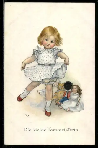 Künstler-AK Susan Beatrice Pearse: Mädchen tanzt in ihrem Rüschenkleid und die Puppen schauen zu
