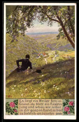 Künstler-AK P. Hey, Volksliederkarte Nr. 59: Es liegt ein Weiler fern im Grund, ein Mann liegt auf dem Wiesenhang