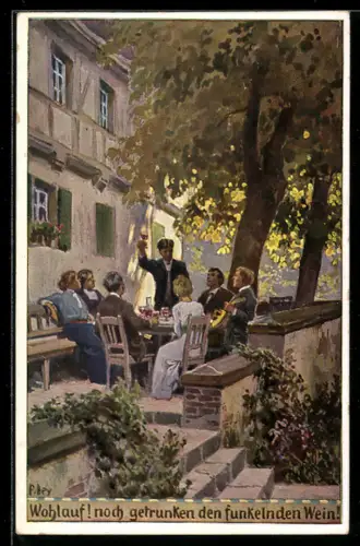 Künstler-AK P. Hey, Volksliederkarte Nr.70: Wohlauf! noch getrunken!, Fröhliches Beisammensein auf der Terrasse