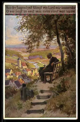 Künstler-AK P. Hey, Volksliederkarte Nr.69: Aus der Jugendzeit - Mann auf einer Bank sitzend