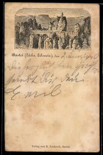 Vorläufer-Lithographie Bastei /Sächs. Schweiz, 1890, Besucher auf der Brücke