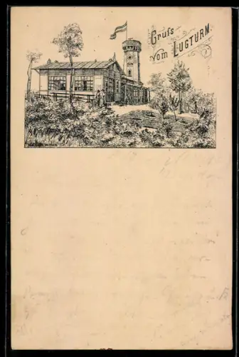 Vorläufer-Lithographie Dresden, 1892, Lugturm mit Besuchern