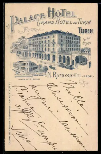 AK Turin, Palace Hotel, N. Ramondetti Propr., Grand Auto-Garage