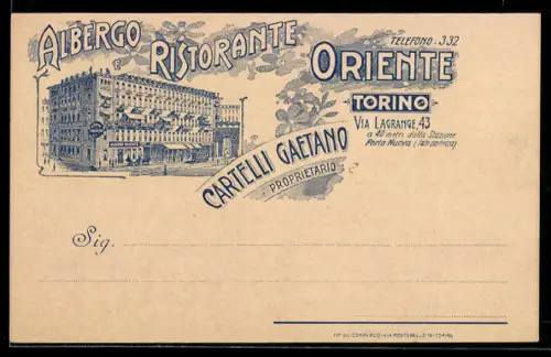 AK Torino, Albergo Ristorante Oriente, Cartelli Gaetano Propr., Via Lagrange 43