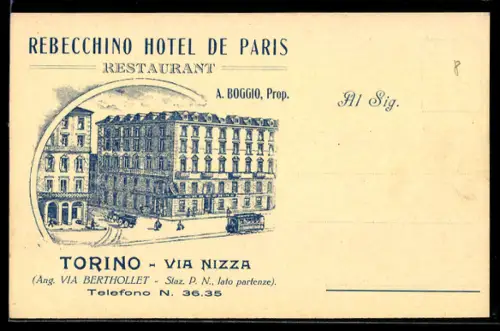 AK Torino, Rebecchino Hotel de Paris, A. Boggio Propr., Ang. Via Berthollet