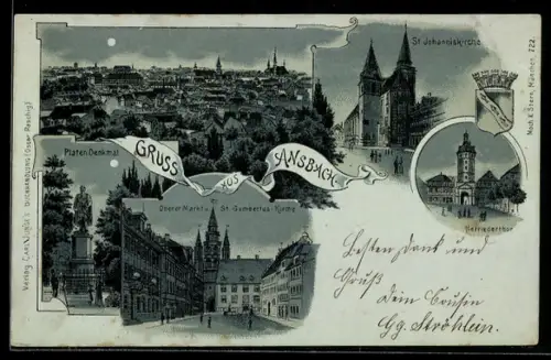 Mondschein-Lithographie Ansbach, Herriederthor, Platen-Denkmal, St. Johanniskirche