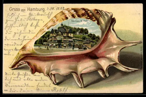 Passepartout-Lithographie Hamburg-St.Pauli, Fährhaus St. Pauli in einer Muschel