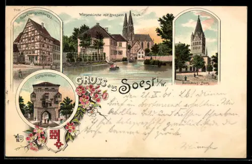 Lithographie Soest i. W., Patroklus-Dom, Osthofenthor, Rose (Freiligrathaus)