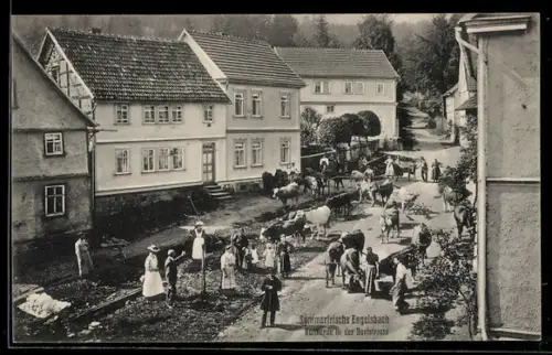 AK Engelsbach, Kuhherde in der Dorfstrasse mit Wohnhäusern