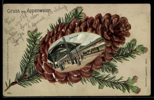 Passepartout-Lithographie Appenweier, Fahrgäste auf dem Bahnsteig