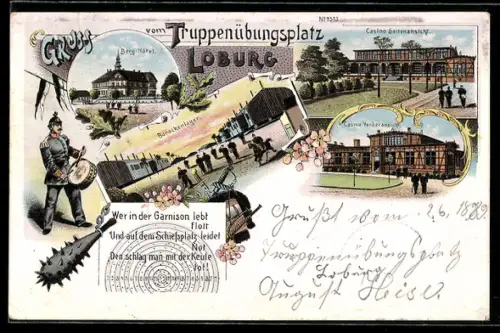 Lithographie Loburg, Truppenübungsplatz - Berg-Hotel, Casino, Soldat mit Trommel