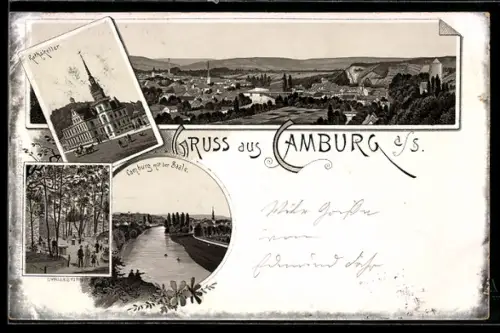 Lithographie Camburg a. S., Gasthaus zum Rathskeller, Totalansicht, Saalepartie