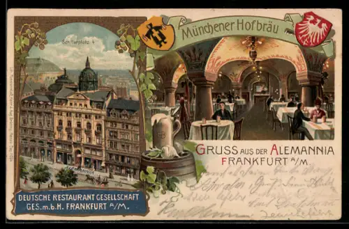 Lithographie Frankfurt a / M., Münchener Hofbräu, Alemannia, Deutsche Restaurant Ges. m. b. H., Schillerplatz 4