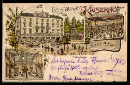 Lithographie Frankfurt a. M., Restaurant Kaiserhof, Götheplatz, Innenansichten Saal und Wintergarten