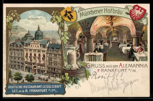 Lithographie Frankfurt a / M., Münchener Hofbräu, Alemannia, Deutsche Restaurant Ges. m. b. H., Schillerplatz 4