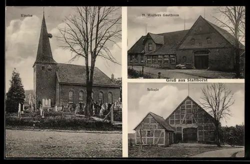 AK Staffhorst, Kirche, Schule u. H. Wolters Gasthaus