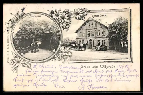 AK Witzhave, Knack`s Gasthof, Dorfstrasse mit Pferdewagen