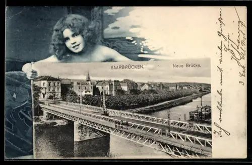 Grusskarten-AK Saarbrücken, Neue Brücke, Kind im Passepartout