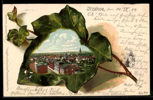 Passepartout-Lithographie Itzehoe, Stadtpanorama im Efeublatt
