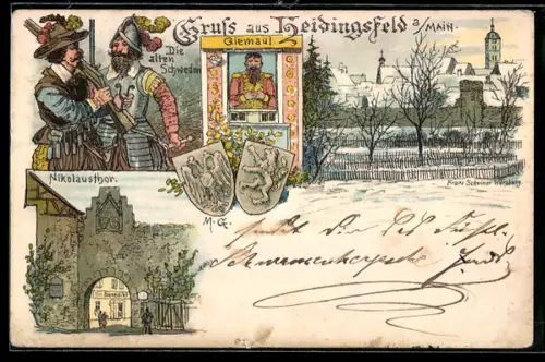 Lithographie Heidingsfeld a. Main, Ortspartie, Nikolausthor, Die alten Schweden, Verlag Franz Scheiner
